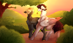 Size: 2000x1200 | Tagged: safe, artist:animatorfun, oc, oc only, oc:flint (animatorfun), oc:rivaille, pegasus, pony, chest fluff, floppy ears, flower, flower in mouth, fluffy, gay, hair over eyes, male, mouth hold, scenery, stallion, tree, two toned wings, wings