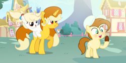 Size: 5369x2705 | Tagged: safe, artist:darbypop1, oc, oc only, oc:lil eggsy, oc:pikachu pancakes, oc:topsy, pegasus, pony, unicorn, chocolate egg, colt, female, filly, hat, male, mare, ponies riding ponies, riding