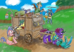 Size: 1920x1358 | Tagged: safe, artist:lizardwithhat, changedling, changeling, deer, earth pony, pegasus, pony, big gun, cart, female, gun, knife, levitation, magic, male, mare, nice hat, sickle, stallion, sword, telekinesis, threatening, wagon, weapon