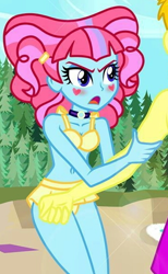 Size: 364x592 | Tagged: safe, artist:dieart77, edit, kiwi lollipop, oc, oc:heat blitz, better together, equestria girls, sunset's backstage pass!, arm grab, beach, belly button, bikini, blushing, choker, clothes, cropped, female, heart, k-lo, legs, male, offscreen character, pink hair, shipping, straight, swimsuit, thighs, water