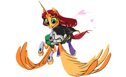 Size: 1100x671 | Tagged: safe, artist:house-of-tykayl, alicorn, earth pony, pony, cape, clothes, costume, crossover, female, flying, holding a pony, implied shipping, male, mare, mask, ponified, robin (teen titans), simple background, stallion, starfire, teen titans, the magic of friendship, white background