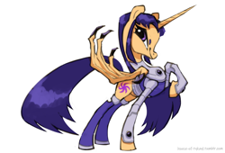 Size: 1280x868 | Tagged: safe, artist:house-of-tykayl, alicorn, pony, beanbrows, blackfire, claws, clothes, costume, crossover, dragon wings, eyebrows, looking at you, ponified, simple background, smiling, solo, teen titans, white background, wings