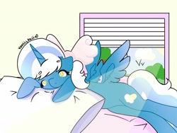 Size: 1280x960 | Tagged: safe, artist:xitzakiiix, oc, oc:fleurbelle, alicorn, alicorn oc, bed, bedroom, bow, cloud, female, golden eyes, hair bow, horn, lying on bed, mare, pillow, sun, tree, wings