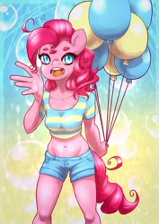 Size: 900x1273 | Tagged: safe, artist:lizzyoli-ravioli, derpibooru import, pinkie pie, anthro, 2010s, 2014, balloon, belly button, blue eyes, breasts, bubble, clothes, denim shorts, exposed belly, happy, midriff, pink fur, pink mane, shirt, short shirt, shorts, t-shirt