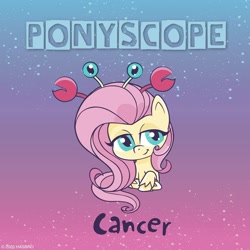 Size: 1080x1080 | Tagged: safe, derpibooru import, fluttershy, crab, pegasus, pony, my little pony: pony life, astrology, cancer (horoscope), crossed hooves, facebook, female, hair ornament, horoscope, lidded eyes, looking at you, official, ponyscopes, smiling, solo, zodiac