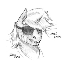 Size: 1242x1256 | Tagged: safe, artist:baron engel, oc, oc:steel prism, unicorn, black and white, bust, eyepatch, grayscale, looking at you, male, monochrome, pencil drawing, signature, simple background, solo, stallion, traditional art