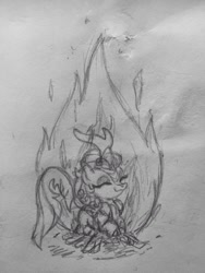 Size: 852x1136 | Tagged: safe, artist:kabayo, kirin, /mlp/, campfire, on fire, smiling, traditional art