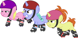 Size: 3488x1719 | Tagged: safe, artist:ironm17, indian summer, lilac ice, raspberry cream, pony, call of the cutie, absurd resolution, female, filly, helmet, roller skates, simple background, transparent background, vector