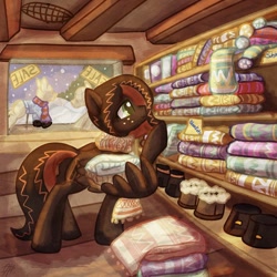 Size: 1024x1024 | Tagged: safe, artist:amura-of-jupiter, oc, oc:netherweave, pegasus, pony, beams, beanie, blanket, boots, brown coat, brown hair, brown mane, cabin, christmas, christmas stocking, clothes, colorful, commission, crochet, freckles, green eyes, hat, holiday, indoors, leather, leather boots, looking to the right, mannequin, orange mane, overalls, pegasus oc, pegasus wings, pony mannequin, raised hoof, sale, sale sign, scarf, shelf, shirt, shoes, shopkeeper, smiling, snow, snowfall, solo, sticky note, store, sweater, text, window, wing hands, wing hold, wings, winter hat, wooden floor, wool