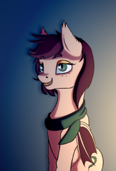 Size: 1050x1550 | Tagged: safe, artist:aterhut, oc, oc:slumber tea, bat pony, pony, clothes, fangs, freckles, scarf, solo