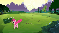 Size: 2000x1125 | Tagged: safe, derpibooru import, screencap, pinkie pie, earth pony, pony, too many pinkie pies, female, field, mare, mountain, solo