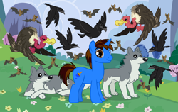 Size: 1280x807 | Tagged: safe, artist:andoanimalia, artist:mlp-vector-collabs, oc, oc:andoanimalia, bat, bird, crow, pony, raven (bird), unicorn, wolf, animal, flying, male, meadow, stallion, vulture