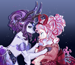 Size: 1200x1049 | Tagged: safe, artist:bunnari, oc, oc:harlequin, oc:maleficent, hybrid, crying, duo, gradient background, horns, interspecies offspring, nose piercing, nose ring, offspring, parent:discord, parent:lord tirek, parent:pinkie pie, parent:rarity, parents:discopie, parents:rarirek, piercing