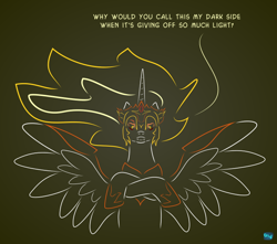 Size: 700x620 | Tagged: safe, artist:quint-t-w, daybreaker, alicorn, pony, armor, atg 2020, crossed hooves, fangs, female, gradient background, looking at you, mane of fire, minimalist, modern art, newbie artist training grounds, solo, talking
