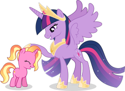 Size: 6147x4500 | Tagged: safe, artist:limedazzle, derpibooru import, luster dawn, twilight sparkle, twilight sparkle (alicorn), alicorn, pony, unicorn, absurd resolution, crown, cute, cutie mark, ethereal mane, female, filly, filly luster dawn, hoof shoes, jewelry, mare, older, older twilight, regalia, simple background, smiling, starry mane, transparent background, younger