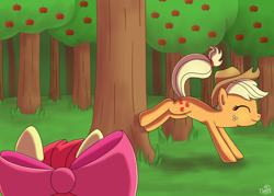 Size: 1400x1000 | Tagged: safe, artist:oggynka, derpibooru import, apple bloom, applejack, earth pony, pony, apple, apple tree, applebucking, bucking, duo, eyes closed, female, filly, mare, smiling, tree