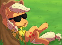 Size: 1400x1000 | Tagged: safe, artist:oggynka, derpibooru import, applejack, earth pony, pony, female, mare, relaxing, solo, sunglasses