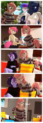 Size: 2112x5996 | Tagged: safe, artist:anthroponiessfm, oc, oc:atari, oc:aurora starling, oc:midnight music, oc:raven storm, oc:spicy flavor, anthro, earth pony, pony, unicorn, 3d, :p, anthro oc, blushing, booty shorts, clothes, comic, cute, denim shorts, female, glasses, heterochromia, licking, licking face, looking at each other, looking at you, mlem, shirt, shorts, silly, smiling, source filmmaker, sports bra, surprised, sweater, tongue out