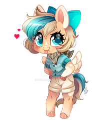 Size: 800x976 | Tagged: safe, artist:ipun, oc, oc only, oc:sun light, anthro, pegasus, unguligrade anthro, arm hooves, bandana, bipedal, bow, chibi, clothes, deviantart watermark, female, hair bow, heart, mare, obtrusive watermark, shorts, simple background, solo, tongue out, transparent background, watermark