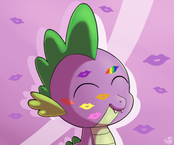 Size: 1200x1000 | Tagged: safe, artist:oggynka, spike, dragon, abstract background, eyes closed, implied applejack, implied flutterspike, implied pinkiespike, implied rainbowspike, implied shipping, implied sparity, implied straight, implied twispike, kiss mark, lipstick, lucky bastard, male, smiling, solo, spike gets all the mares, spikelove, straight