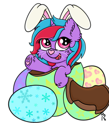 Size: 2000x2250 | Tagged: safe, artist:dawn-designs-art, oc, oc only, oc:cosmic spark, pony, unicorn, animal costume, bunny costume, bunny ears, chocolate, chocolate egg, clothes, costume, cute, digital art, easter, easter egg, food, happy, holiday, simple background, solo, transparent background, waving