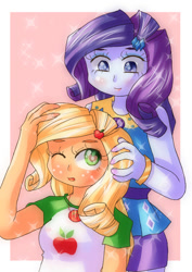 Size: 724x1023 | Tagged: safe, artist:araiiara123, applejack, rarity, equestria girls, one eye closed