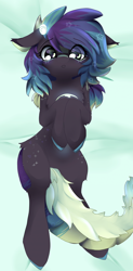 Size: 1920x3899 | Tagged: safe, artist:hangari, oc, oc:kuroshio, original species, pony, suisei pony, closed species, eye clipping through hair, female, lying down