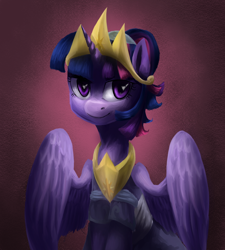 Size: 900x1000 | Tagged: safe, artist:ce2438, derpibooru import, twilight sparkle, twilight sparkle (alicorn), alicorn, pony, alternate hairstyle, bust, clothes, crown, dress, female, jewelry, mare, peytral, regalia, solo