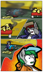 Size: 3574x6005 | Tagged: safe, artist:khaki-cap, oc, oc:khaki-cap, oc:tommy the human, alicorn, earth pony, comic:magical mishaps, alicorn oc, bed, clothes, commissioner:bigonionbean, earth pony oc, food, furniture, horn, house, hue, jean thicc, lying on the ground, magic, oats, small eyes, smoke, tired, uncle khaki, wings