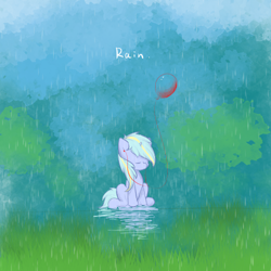 Size: 500x500 | Tagged: safe, artist:jerryenderby, oc, oc only, oc:dreamy cyanstrings, unicorn, balloon, rain, solo