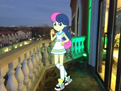 Size: 2048x1536 | Tagged: safe, artist:razethebeast, artist:topsangtheman, bon bon, sweetie drops, equestria girls, balcony, irl, looking at you, night, photo, ponies in real life, shoes, sneakers, spa castle