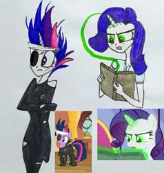 Size: 442x465 | Tagged: safe, artist:lunaart, derpibooru import, screencap, rarity, twilight sparkle, human, inspiration manifestation, it's about time, glowing eyes, greedity, horn, horned humanization, humanized, scene interpretation, screencap reference, traditional art