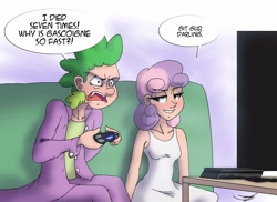 Size: 4096x2978 | Tagged: safe, artist:ringteam, spike, sweetie belle, human, bloodborne, female, gamer belle, humanized, male, meme, playstation 4, rage, rage face, shipping, speech bubble, spikebelle, straight