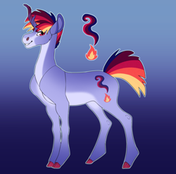 Size: 3175x3134 | Tagged: safe, artist:turnipberry, oc, oc only, oc:smoke signal, pony, unicorn, blue background, cloven hooves, curved horn, cutie mark, gradient background, horn, kirin horn, magical lesbian spawn, male, offspring, pale belly, parent:rainbow dash, parent:sunset shimmer, parents:sunsetdash, simple background, solo, stallion