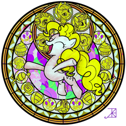 Size: 894x894 | Tagged: safe, applejack (g1), firefly, posey, sparkler (g1), surprise, twilight (g1), pegasus, pony, g1, dive to the heart, eyes closed, g1 to g4, generation leap, recolor, smiling, stained glass