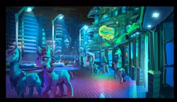 Size: 2700x1560 | Tagged: safe, artist:alumx, neon lights, griffon, pony, city, griffin village, night, streetlight