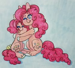 Size: 1280x1152 | Tagged: safe, artist:ask-pinkie-polkadot-pie, derpibooru import, pinkie pie, earth pony, pony, bow, colored hooves, cute, diapinkes, duality, hug, self ponidox, tail bow, traditional art, tumblr:ask-pinkie-polkadot-pie