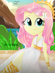 Size: 1536x2048 | Tagged: safe, artist:artmlpk, fluttershy, angel, equestria girls, adorable face, adorkable, beautiful, beret, breasts, cleavage, cute, digital art, dork, goddess, grass, greek, greek goddess, greek mythology, halo, hat, looking at you, mountain, ocean, plant, shyabetes, sitting, smiling, smiling at you