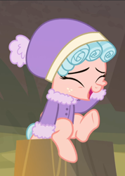 Size: 670x939 | Tagged: safe, screencap, cozy glow, pegasus, pony, frenemies (episode), clothes, cozybetes, cropped, cute, eyes closed, open mouth, sitting, smiling, solo, tree stump, winter outfit