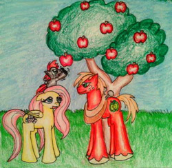 Size: 481x470 | Tagged: safe, artist:fun2berandom, derpibooru import, big macintosh, fluttershy, oc, oc:night sickle, earth pony, pegasus, pony, adopted offspring, apple, apple tree, colt, family, female, fluttermac, male, mare, offspring, parent:big macintosh, parent:fluttershy, parents:fluttermac, reaching out, request, shipping, stallion, straight, traditional art, tree