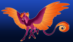 Size: 3811x2216 | Tagged: safe, artist:turnipberry, oc, oc only, oc:firebird, pegasus, pony, blue background, chest feathers, cloven hooves, colored hooves, commission, large wings, leonine tail, magical lesbian spawn, male, offspring, parent:fluttershy, parent:sunset shimmer, parents:sunshyne, realistic horse legs, simple background, solo, spread wings, stallion, wings