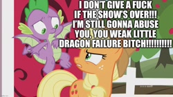 Size: 1280x720 | Tagged: safe, derpibooru import, edit, edited screencap, screencap, applejack, spike, dragon, earth pony, pony, harvesting memories, spoiler:harvesting memories, spoiler:mlp friendship is forever, 9now, abuse, angry, apple, apple tree, applejack is not amused, applejerk, caption, cowboy hat, duo, excessive exclamation marks, female, flying, food, funny, go to sleep garble, hat, image macro, implied abuse, looking at each other, male, mare, op is a cuck, shitposting, spikeabuse, sweet apple acres, sweet apple acres barn, text, tree, unamused, vulgar, winged spike