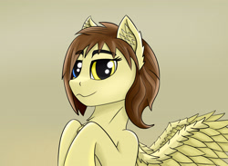 Size: 3250x2380 | Tagged: safe, artist:singovih, oc, oc only, oc:motley cloud, pegasus, pony, fallout equestria, fallout equestria: parallelism, brown mane, ear fluff, female, heterochromia, looking at you, mare, soldier pony, solo