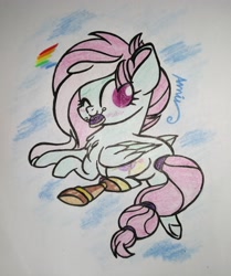 Size: 2500x2995 | Tagged: safe, artist:c.a.m.e.l.l.i.a, kerfuffle, pegasus, pony, rainbow roadtrip, adorable face, amputee, blushing, chest fluff, cute, female, fufflebetes, looking at you, looking back, mare, prosthetic leg, prosthetic limb, prosthetics, rainbow, solo, traditional art