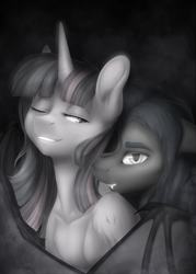 Size: 2160x3013 | Tagged: safe, artist:doekitty, derpibooru import, twilight sparkle, twilight sparkle (alicorn), oc, oc:midnight wind, alicorn, bat pony, pony, bat pony oc, bat wings, bust, female, mare, monochrome, portrait, wings