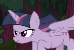 Size: 1233x845 | Tagged: safe, screencap, mean twilight sparkle, the mean 6, cropped, evil grin, flying, grin, smiling, solo, spread wings, wings