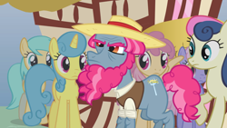 Size: 2000x1124 | Tagged: safe, screencap, bon bon, dizzy twister, haymish, lemon hearts, orange swirl, rainbowshine, sunshower raindrops, sweetie drops, earth pony, pegasus, pony, too many pinkie pies, background pony, beard, clothes, facial hair, female, frown, hat, male, mare, solo focus, stallion, straw hat