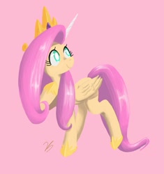 Size: 867x922 | Tagged: safe, artist:vreshkashowers, derpibooru import, fluttershy, pegasus, pony, cosplay, costume, fake horn, female, folded wings, head turn, hoof on chest, hoof shoes, jewelry, looking away, looking up, mare, painting, pink background, raised hoof, regalia, shylestia, simple background, smiling, solo, standing, three quarter view, wings