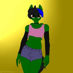 Size: 2000x2000 | Tagged: safe, artist:endelthepegasus, oc, oc only, oc:endel frostlion, anthro, anthro oc, belly button, choker, clothes, denim shorts, femboy, green fur, hazel eyes, looking at you, male, multicolored mane, shirt, short shirt, shorts, simple background, solo, tanktop, yellow background