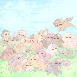 Size: 800x800 | Tagged: safe, artist:bubblegum, oc, oc only, oc:demonic hooves, oc:dream², oc:ice wisp, oc:scarlet serenade, oc:whisper softbottom, bat pony, earth pony, human, pegasus, unicorn, boop, canterlot avenue, chibi, clothes, cute, flying, group photo, hat, heart, hoof hold, hug, leonine tail, ocbetes, party hat, scarf, smiling